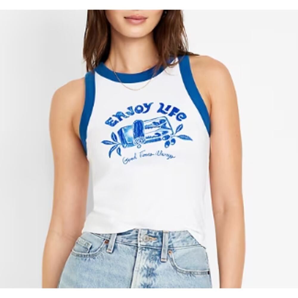 Old Navy Womens White Blue Enjoy Life Graphic Crop Tank Top NEW Large